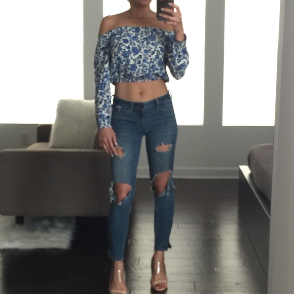 H&M Tops - Blue & White Off The Shoulder Crop Top